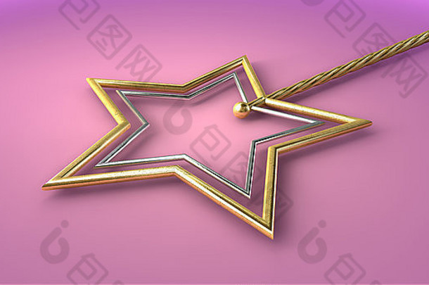 这是一个概念图，展示了一根神秘的魔杖，在一个孤立的粉红色表面上用金色和银色星星制成