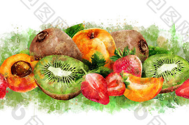 白色背景上的杏、草莓和猕猴桃。水彩插图