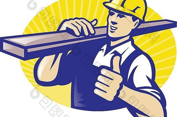 一名木匠木材厂工人举着复古风格的竖起大拇指的木板的插图