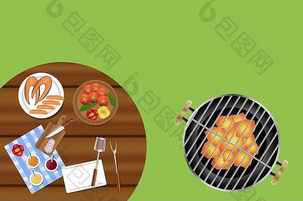 前视图部分圆形的木桌子上食物配件需要烧烤热空气烧烤站表格绿色