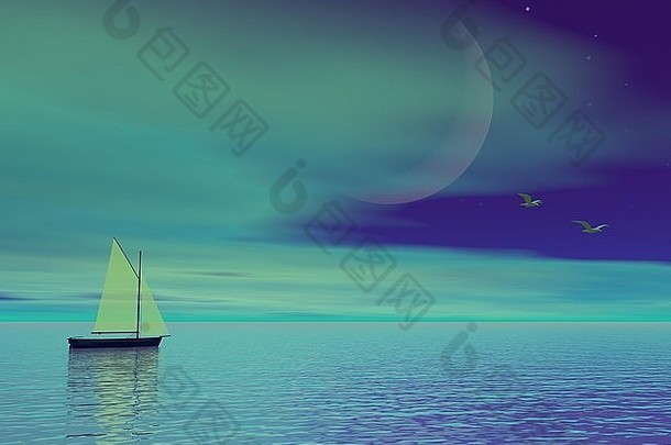 一艘帆船在绿色的夜晚与月亮和星星一起漂浮在水面上