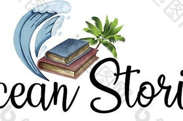 海洋故事标志概念与书波和棕榈树
