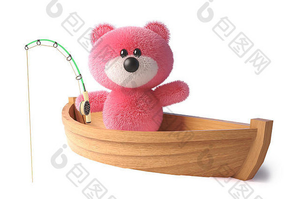 粉色的泰迪熊，毛茸茸的软毛从她的小船上钓鱼，3d插图渲染