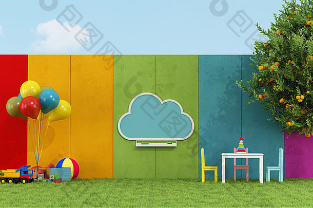 带云黑板和玩具的儿童学校操场-3D渲染
