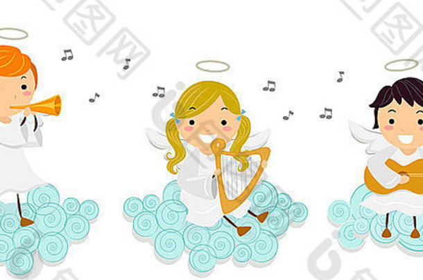 小天使一边演奏乐器一边唱歌的插图