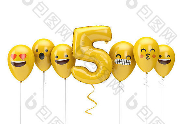 5号黄色生日表情符号面对气球。三维渲染