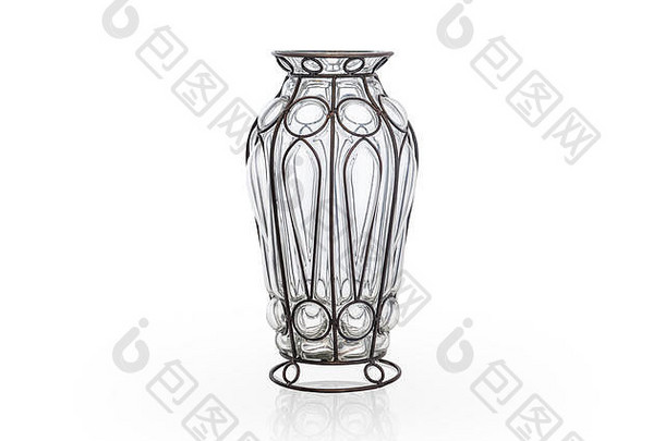 优雅的玻璃金属花瓶孤立的白色背景玻璃空花瓶