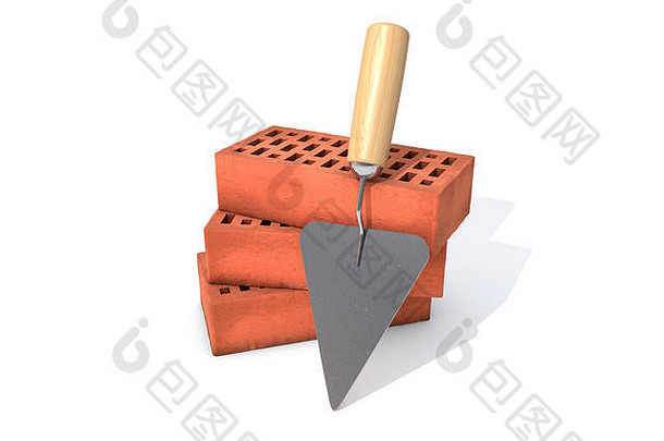插图红色的硅酸盐砖堆放桩工具铺设砂浆泥刀孤立的白色背景业务比喻