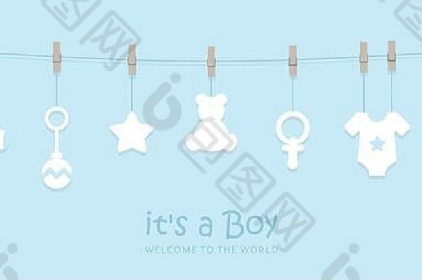 这是一张男孩欢迎卡，上面挂着婴儿用具，上面写着EPS10
