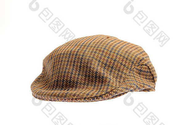 棕色羊毛粗花呢绅士帽，白色背景，适合冬季剪裁