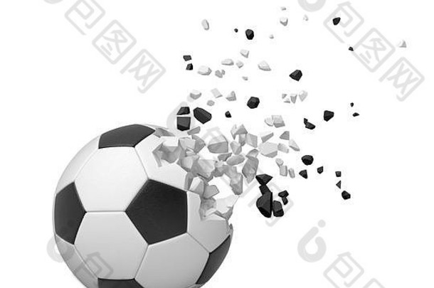足球开始破碎并消失在白色背景上的3d特写渲染。