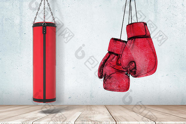 灰色墙壁和白色木地板背景上红色穿孔袋和拳击手套的3d渲染
