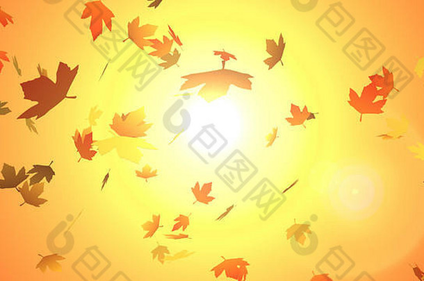 真的3D插图，描绘日落时秋叶飘落在大太阳上，阳光透过落叶照耀。自然背景