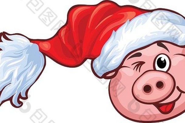 带圣诞老人红帽子的微笑猪