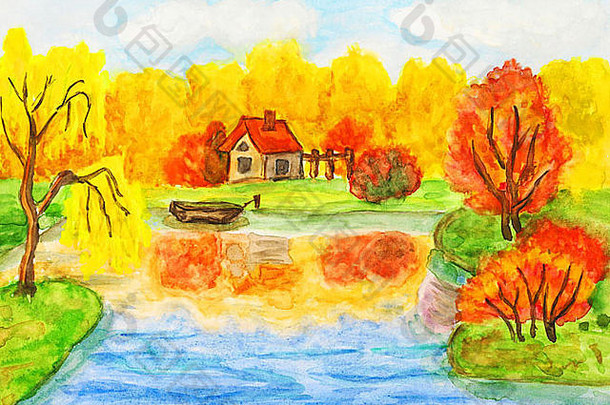 手画图片水彩画秋天景观房子船