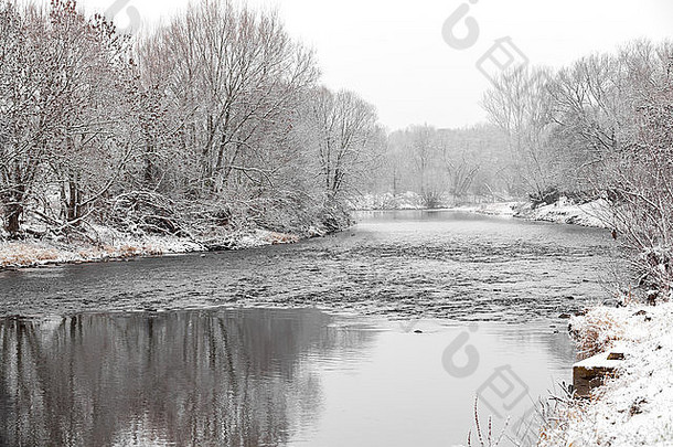 冬天景观白雪覆盖的字段树河早期有雾的早....