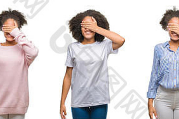 这幅非裔美国妇女的拼贴画在孤立的背景上微笑着，笑着，手放在脸上，遮住眼睛，以示惊讶。盲目的观念。
