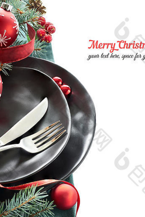 圣诞节菜单概念黑色的盘子餐具装饰圣诞节树树枝装饰物孤立的白色文本空间