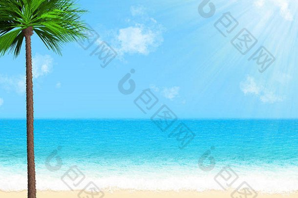夏日海滩写实插图。阳光下海岸上的一棵圣诞树。