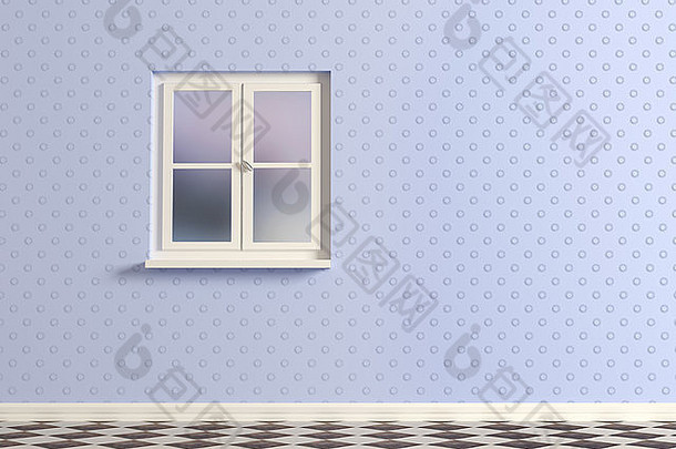 蓝色房间和窗户的三维渲染