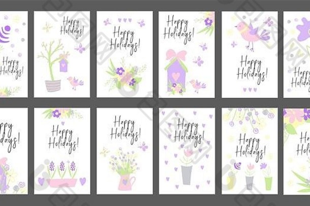 一套明亮的卡片。节日快乐。儿童风格。简单的插图。可爱的卡瓦伊角色。春天的鲜花和横幅。鸟类采集