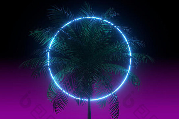 3D蒸气渲染背景，霓虹灯圆圈、棕榈树和夜紫罗兰色天空。合成波80年代rentowe插图。