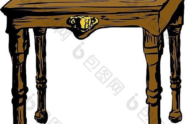 单张老式木桌，在孤立的白色背景上装饰