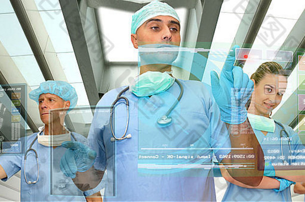 配备现代化屏幕的医疗设施中的医生团队