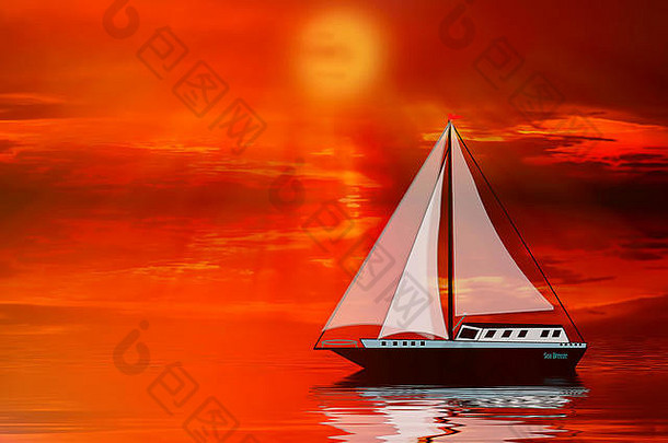 图形插图白色帆板航行日落光滑的水域和平宁静的设置