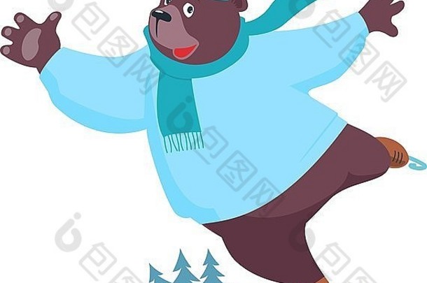 又大又胖又有趣的熊在溜冰场上滑冰。
