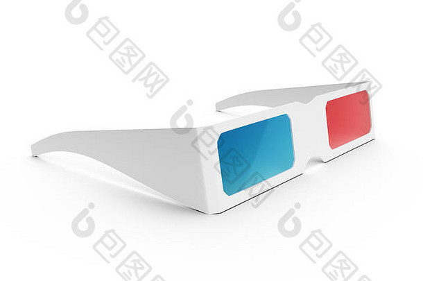 在白色背景上隔离的3D眼镜。观看3D效果电影的眼镜，侧视图3D插图