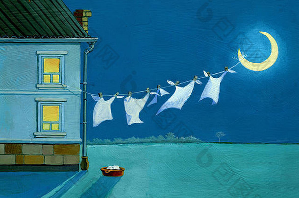 夜里，从窗户上把洗好的衣服铺在月亮上