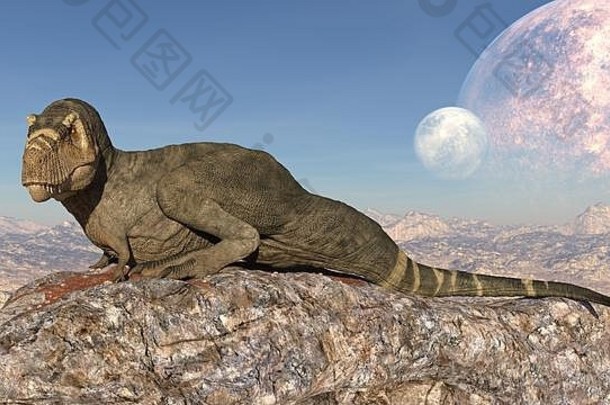 霸王龙恐龙，坐在悬崖上的霸王龙爬行动物，荒芜自然环境中的史前侏罗纪动物，3D插图