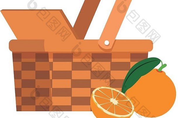 柳条篮和橙子，平面设计