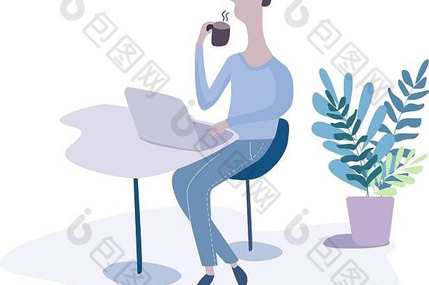 使用笔记本电脑上网和喝咖啡的人。在家工作。旅行和工作