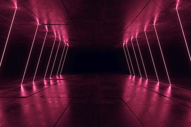 科幻霓虹灯发光灯红色垂直激光线瓷砖地板激光工作室舞台表演夜晚复古未来现代背景空混凝土垃圾