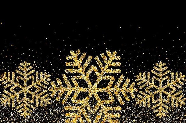 金色的雪花在黑暗的背景上闪烁，象征着圣诞快乐和新年快乐的贺卡。