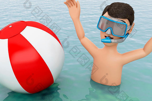 插图年轻的人海滩球海夏天假期概念