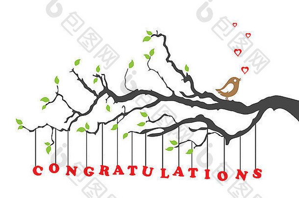 祝贺贺卡上小鸟坐在树上唱歌。这幅图是一幅插图。