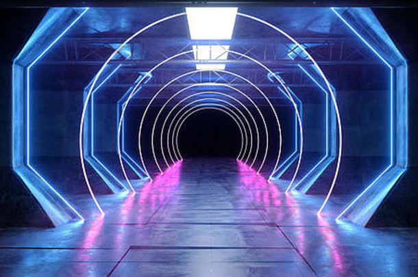 虚拟现实网络sci未来主义的霓虹灯发光的外星人船空间隧道走廊glowoing充满活力的荧光激光蓝色的紫色的粉红色的反光
