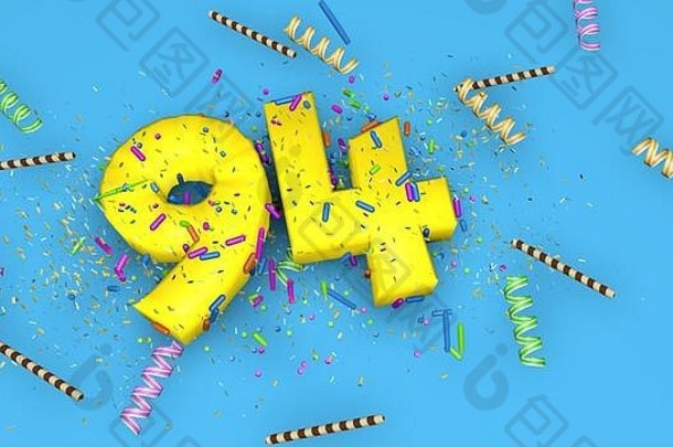 生日、周年纪念日或促销的94号，蓝色背景上用厚厚的黄色字母写着，上面装饰着糖果、彩带、巧克力吸管和糖果