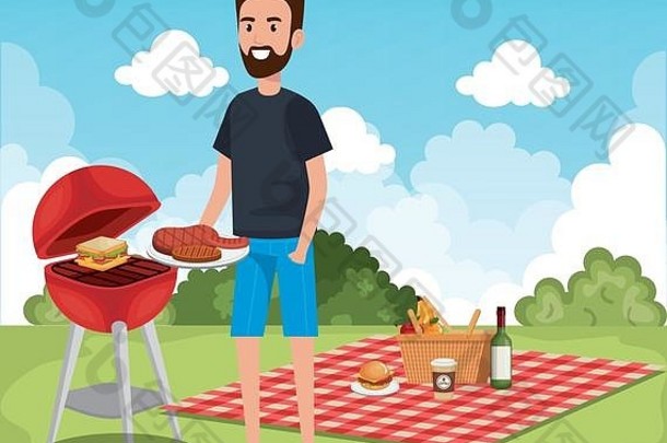 男人。烹饪野餐一天场景