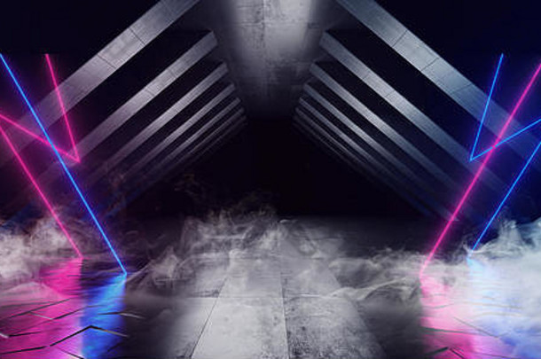 烟雾霓虹灯未来派灯光发光三角形科幻复古抽象形状激光器紫蓝色充满活力的圆柱混凝土垃圾反射隧道外星人