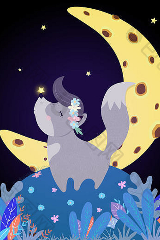 滑稽的狼对着月亮嚎叫。有趣的卡瓦伊狼宝宝戴着花环，鼻子上挂着发光的星星，站在田野上，星空下的植物在嚎叫
