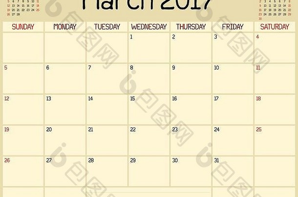 2017年3月的月度计划日历。使用自定义手写样式。