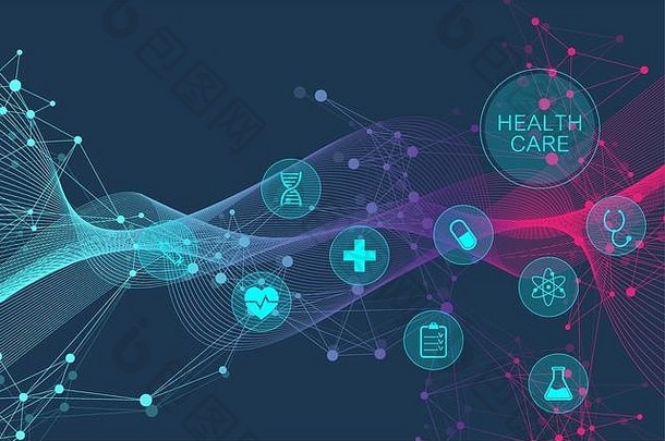 带有医疗保健图标的医学摘要背景。医疗技术网络概念。连接的线和点，波流，分子，DNA。医学的