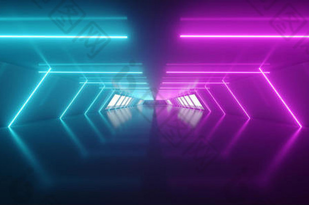 现代未来主义的sci外星人船反光黑暗空长走廊<strong>隧道</strong>大白色窗户紫色的<strong>蓝色</strong>的摘要形状的霓虹灯发光的林