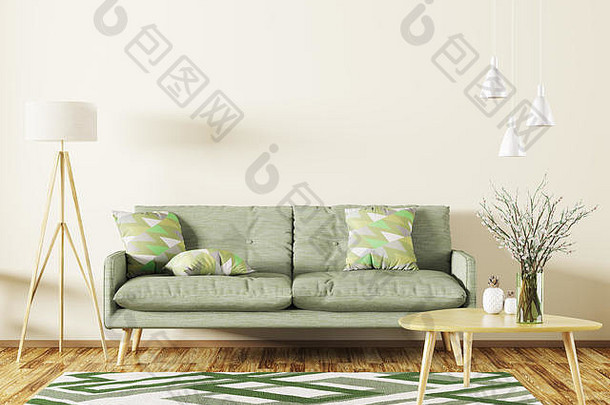 客厅的现代室内，绿色沙发、木制咖啡桌、地毯和落地灯3d渲染