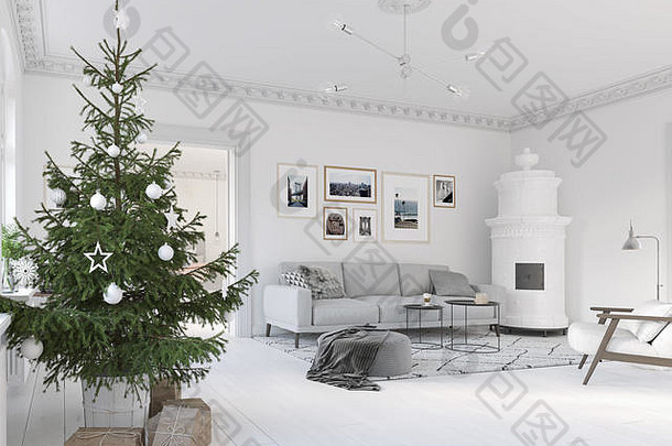 d-illustration北欧生活房间圣诞节树