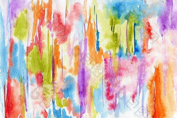 抽象水彩画背景，带有彩虹色的彩色颜料污渍和水滴。手绘传统插图。创意液体壁纸。